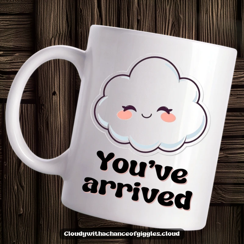 Funny whimsical cloud character winking with a friendly, inviting smile, perfect for a cheerful mug.