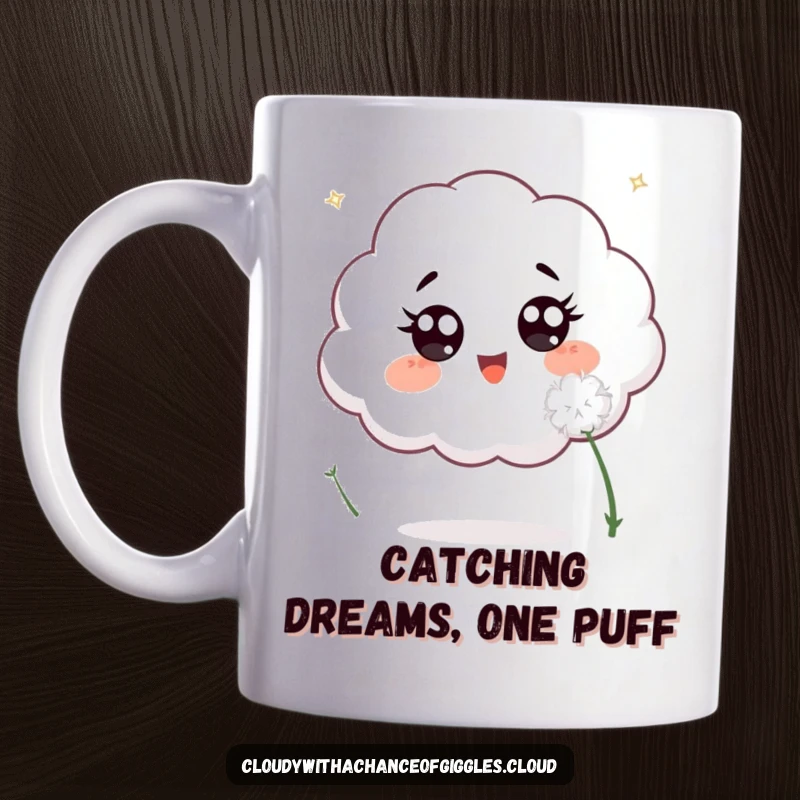 Funny mug featuring an excited cloud with wide eyes, joyfully chasing a fluffy white dandelion seed in a whimsical outdoor scene.