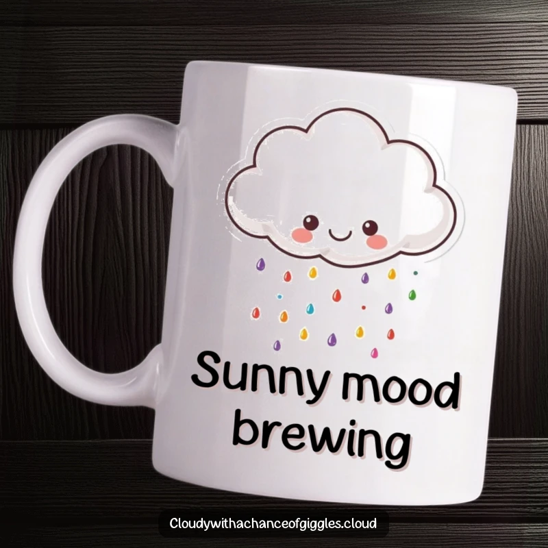 Funny cloud mug, a small fluffy cloud with a happy face raining colorful raindrops, spreading cheer and brightness.
