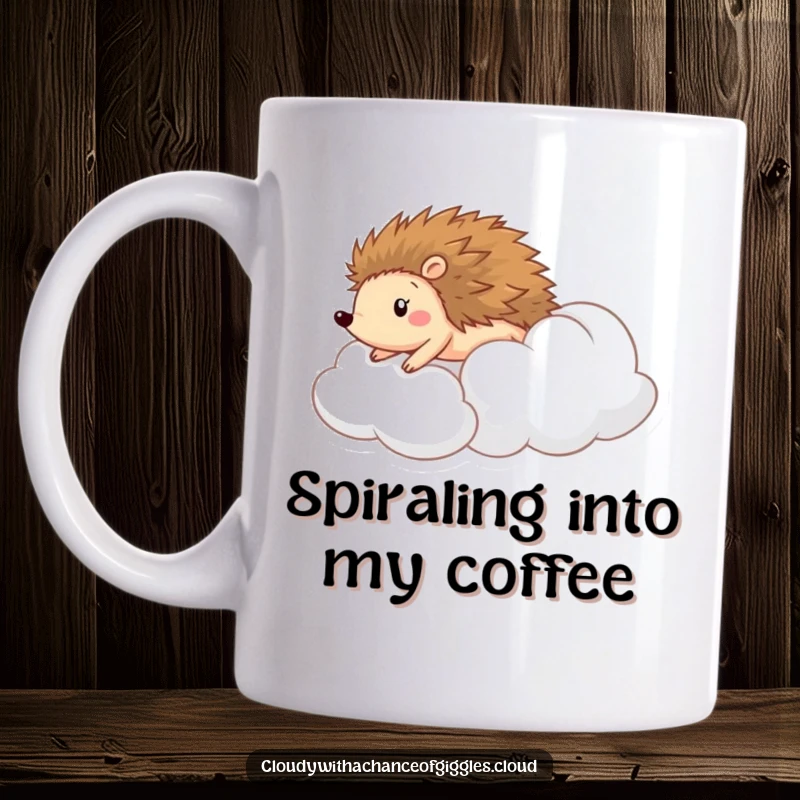 Funny mug showing a cheerful hedgehog joyfully rolling down a soft, puffy cloud as if it were a slide, pure bliss.