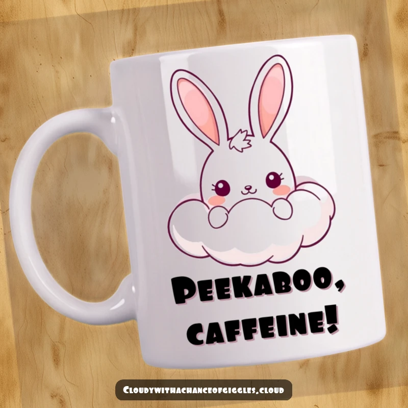Funny Kawaii Bunny Mug: A cute bunny peeking curiously from behind a smiling, plump cloud, radiating pure joy.