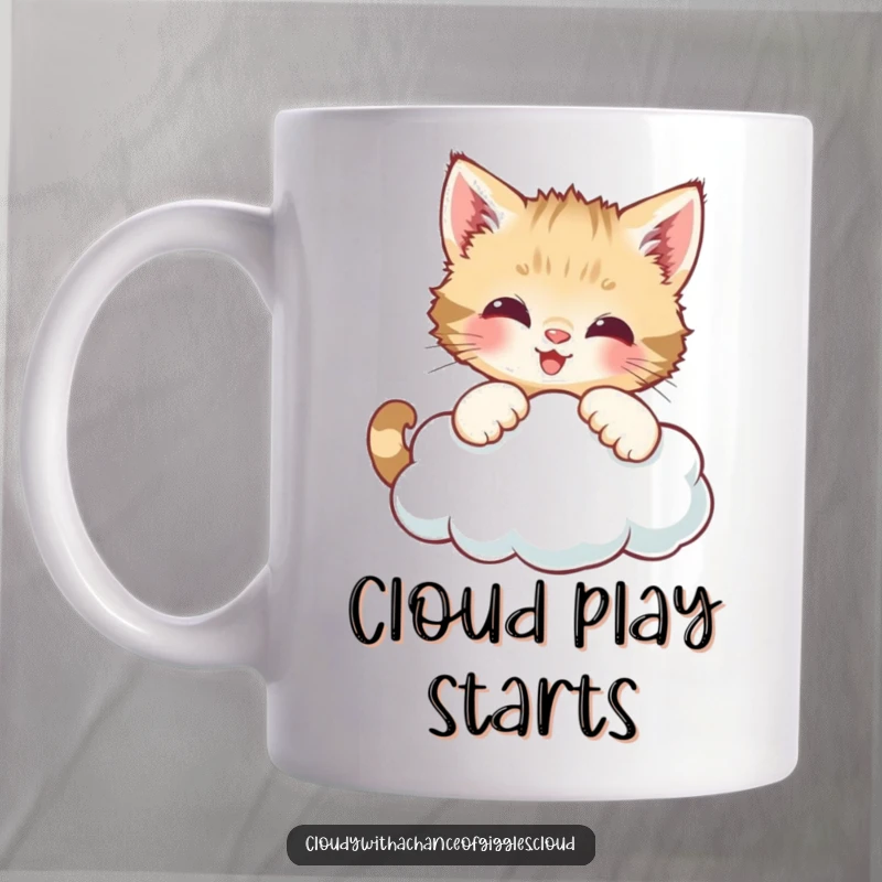 Funny mug featuring a curious kitten playfully batting at a smiling, fluffy cloud shape.