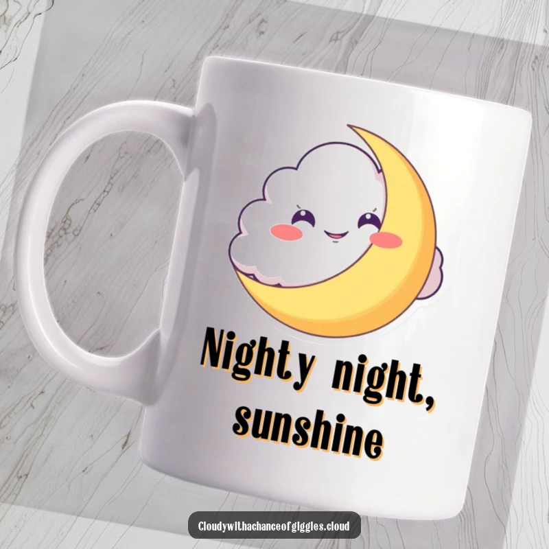 Funny Mug: A mischievous cloud grins from behind a crescent moon, embodying playful nighttime secret-keeping and delightful surprises.