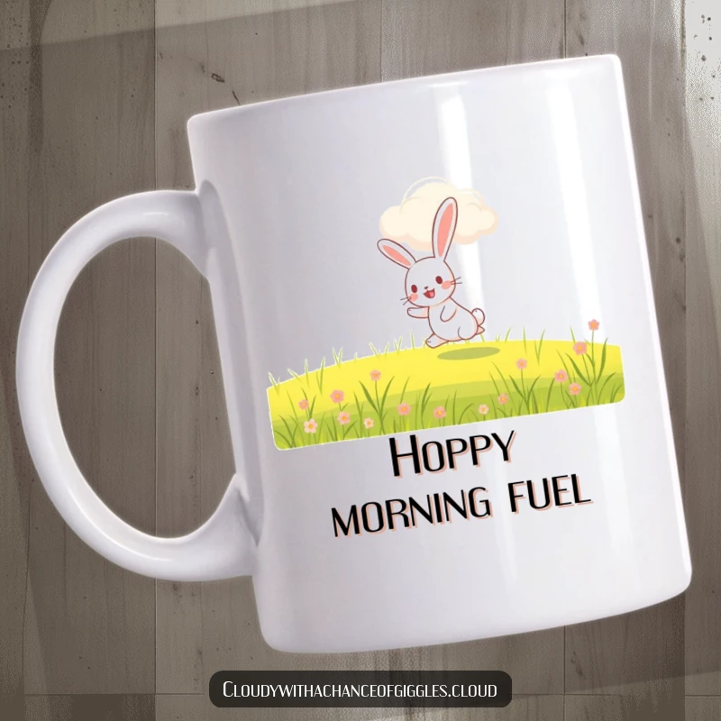Funny rabbit mug, a happy rabbit joyfully hopping through a field under a smiling, whimsical cloud, bringing pure delight.