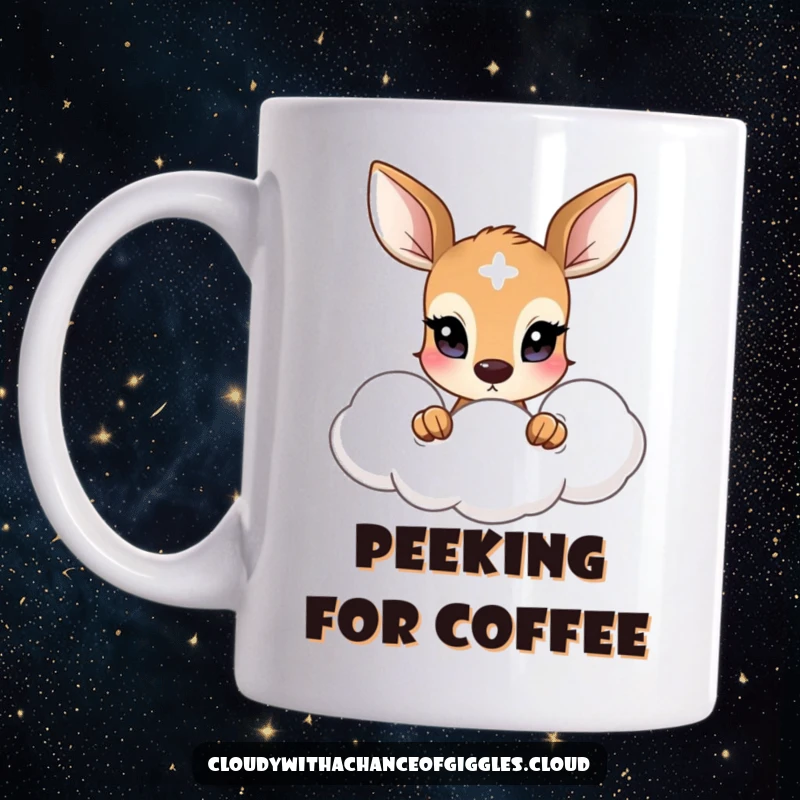 Funny mug showing a shy deer with wide eyes peeking from behind a soft, puffy cloud, conveying innocence and sweetness.
