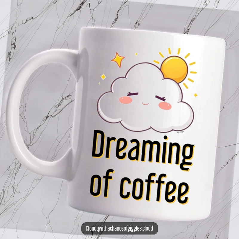 Funny sleepy white cloud with closed eyes, dreaming of sunshine with a happy sigh, on a mug, conveying peace.