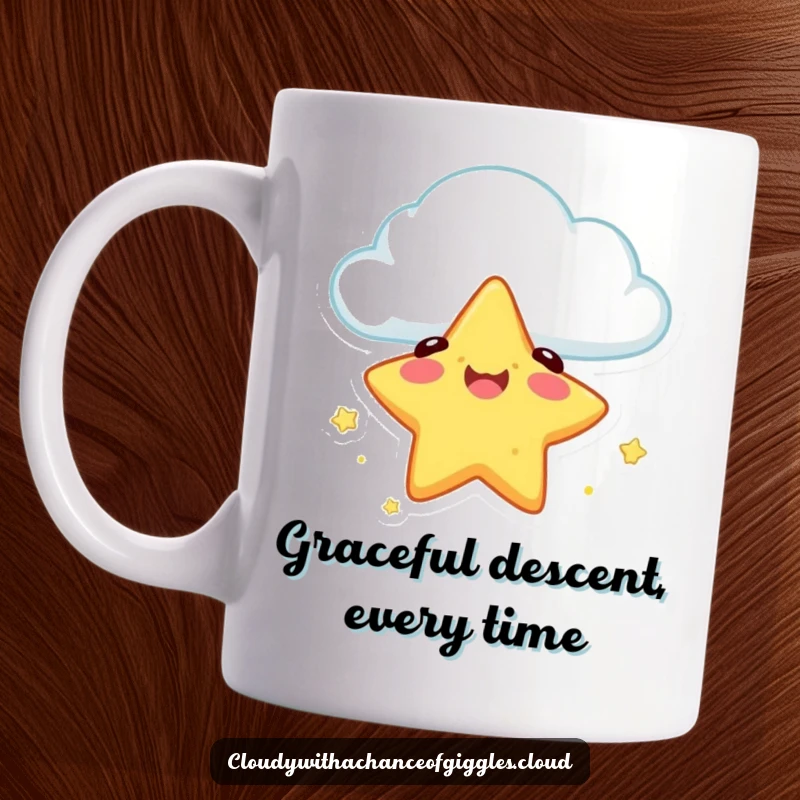 Funny mug featuring a happy star character gracefully falling from a cloud, landing safely with a smile, depicting humorous reassurance.