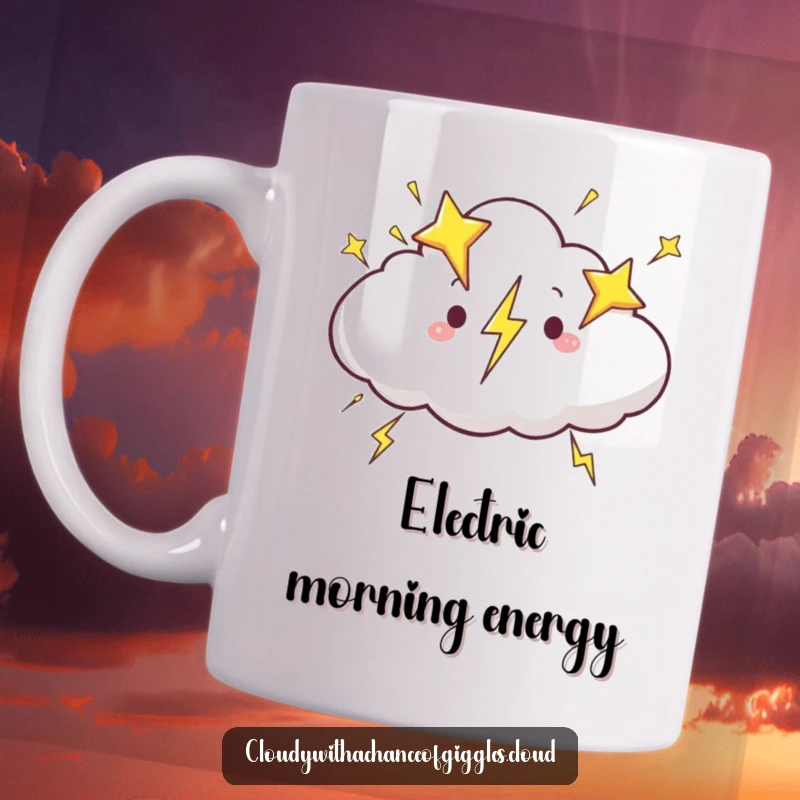 Funny cloud mug, a cloud zipping across the sky with lightning bolts shaped like stars, creating a dazzling effect.