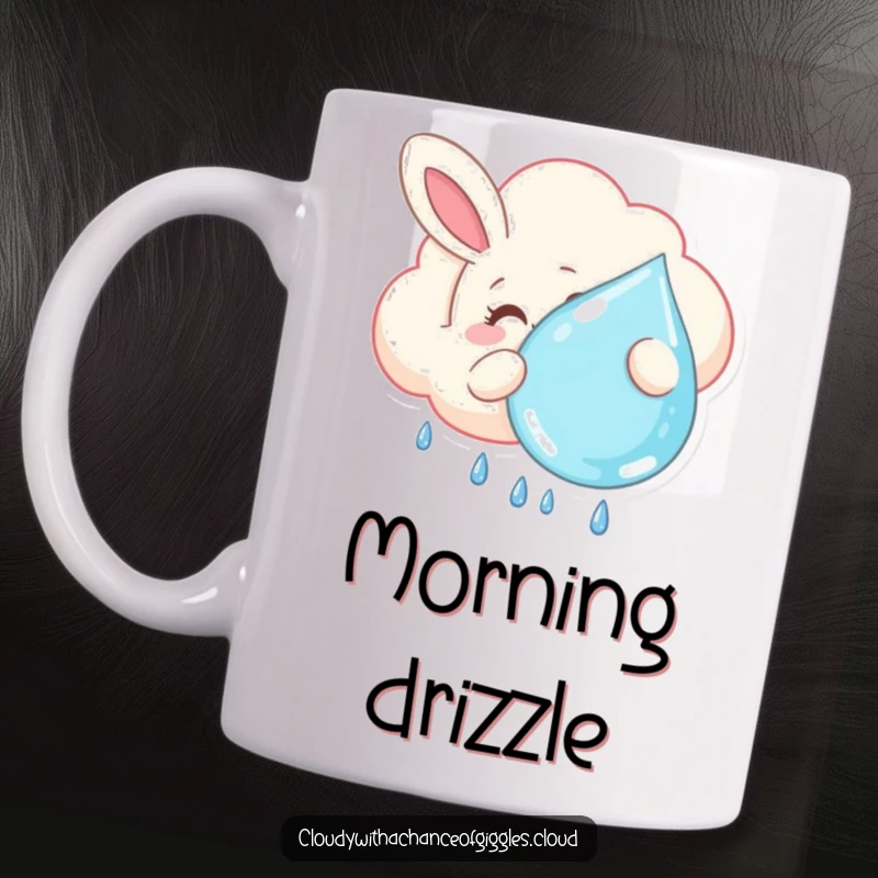 Funny mug featuring a smiling bunny-shaped cloud floating lazily and gently holding a large raindrop, evoking a sense of calm and lightheartedness.