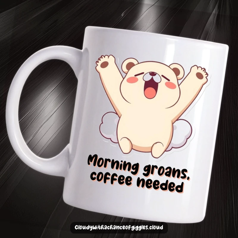 Funny mug shows a little bear cloud character yawning widely with its cloudy arms stretched up in a sleepy, cute pose.