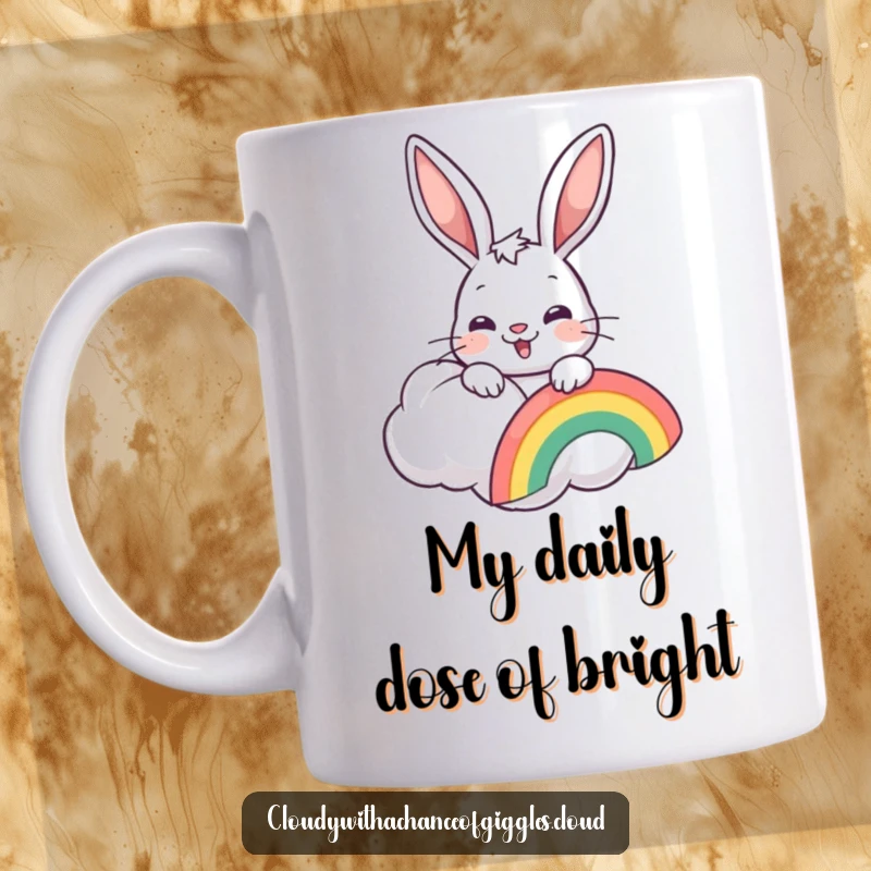 Funny bunny peeking from a cloud, holding a rainbow, on a cheerful mug, perfect for animal lovers.