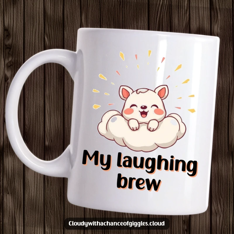 Funny Mug featuring a shy animal peeking from a cloud that is bursting with joyous laughter.