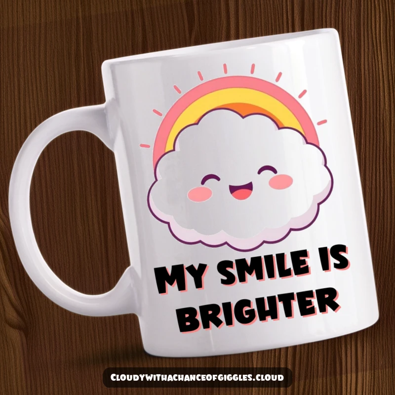 Funny mug with a fluffy cloud character grinning widely, a vibrant rainbow erupting from its mouth, symbolizing pure joy and humor.