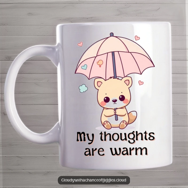 Funny mug showing a cute animal holding an umbrella constructed from colorful, positive thoughts, symbolizing protection through happiness.