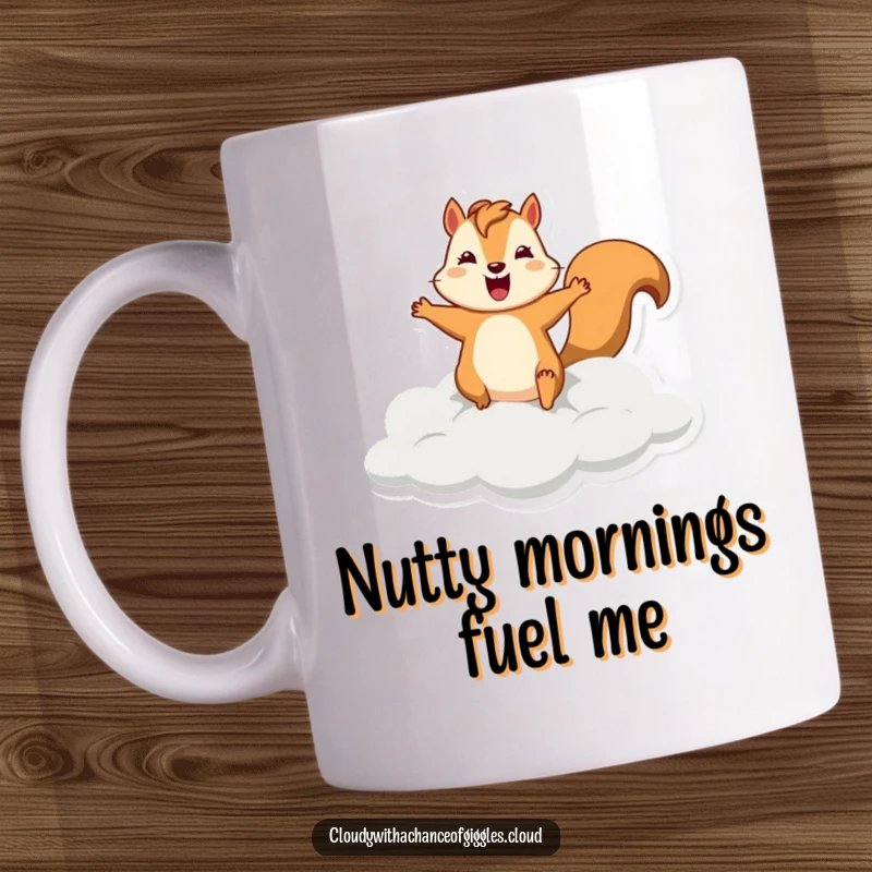 Funny squirrel mug depicting a silly squirrel leaping from a grey cloud with a wide, goofy grin, full of playful mischief.