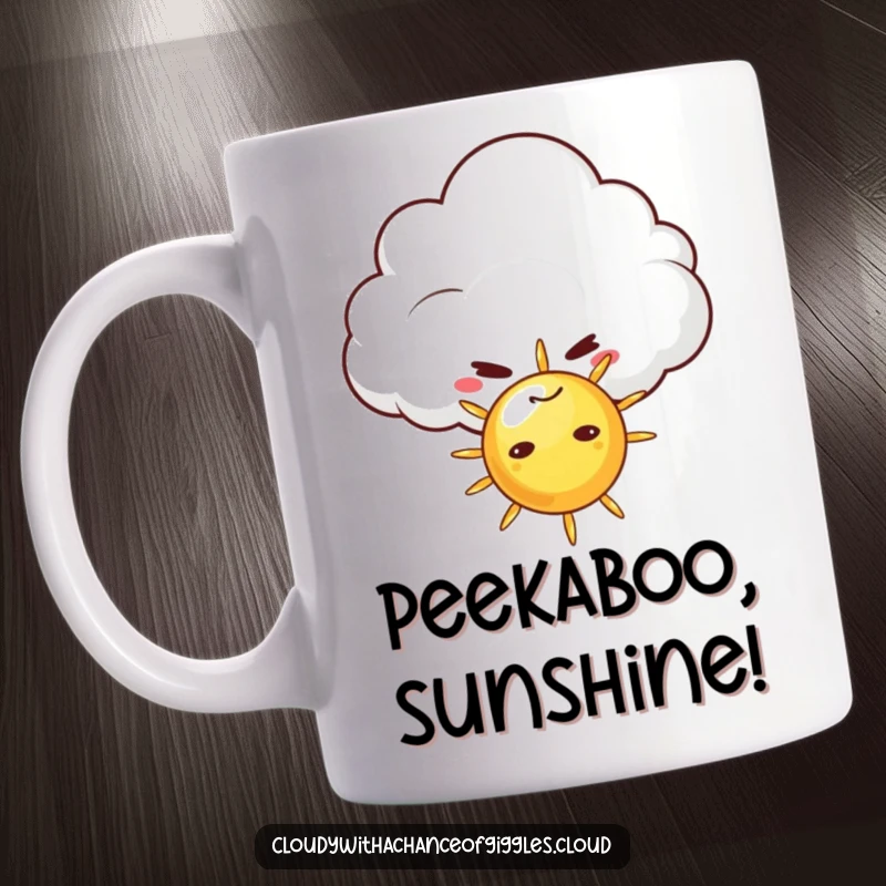 Funny mug featuring a mischievous cloud with a sly grin, playfully peeking from behind a tiny, smiling sun, conveying a sense of playful secrets.