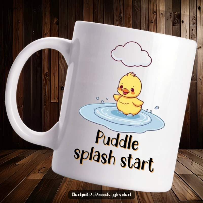 Funny Duckling Puddle Splash Mug, showing a happy duckling joyfully splashing in a puddle under a cloud, embodying pure glee.