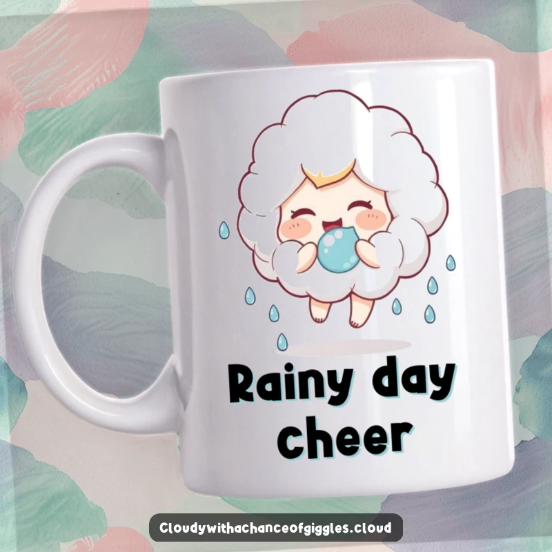 Funny mug with a fluffy cloud character giggling while bouncing a soft raindrop like a playful ball, evoking childhood joy.