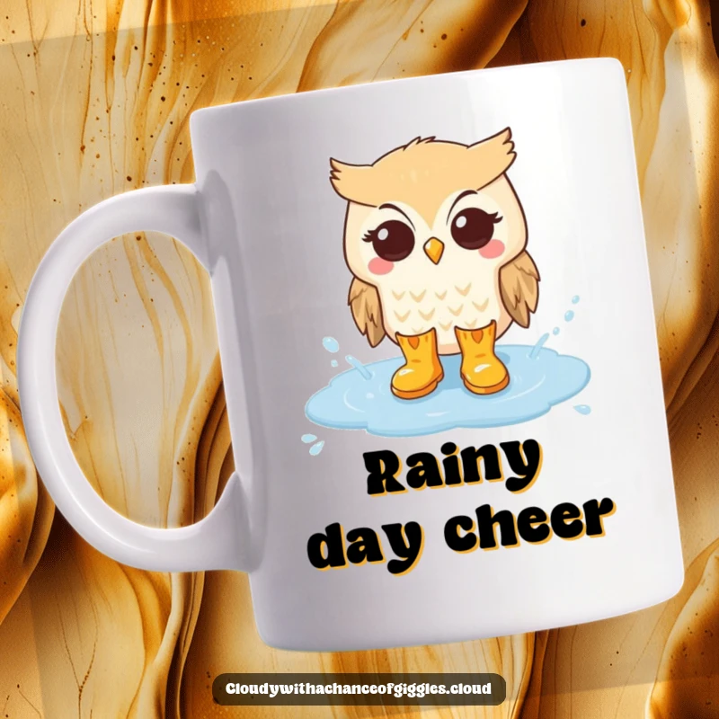 Funny mug featuring a cute owl wearing tiny rain boots, happily splashing in a fluffy cloud puddle.