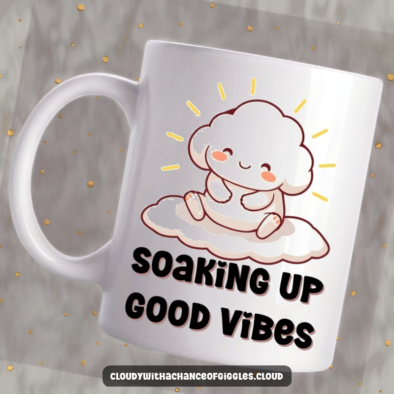 Funny mug featuring a smiling cloud animal character blissfully stretching on a warm sunbeam, radiating pure contentment.