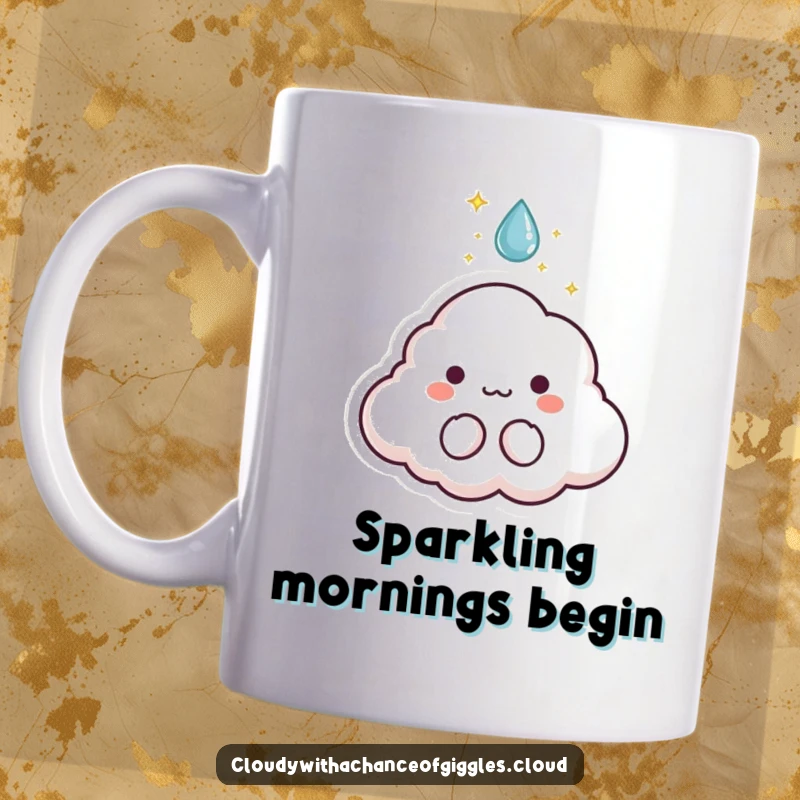 Funny mug featuring a tiny, sparkling cloud animal character bursting joyfully from a raindrop, full of magic.
