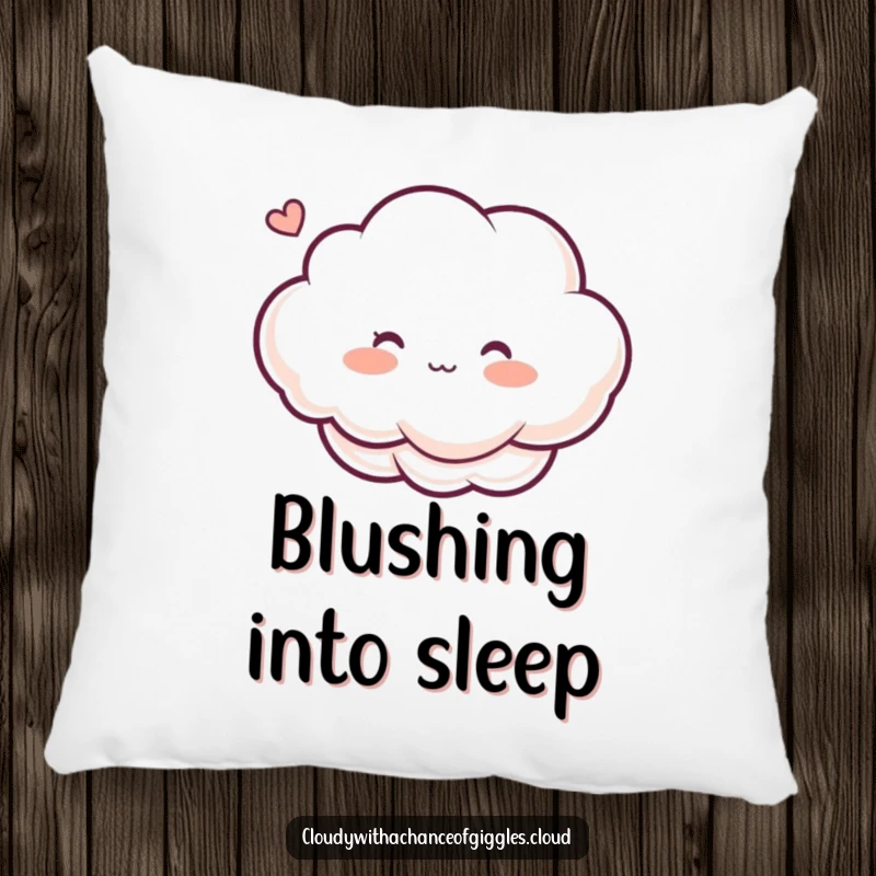 Funny pillow with a cloud character blushing rosy cheeks from a ticklish breeze, offering soft, sweet, and humorous comfort.