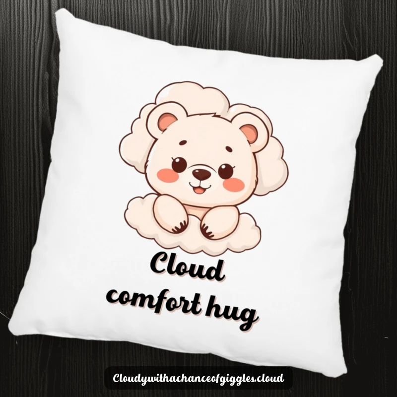 Funny pillow with a smiling bear cub peeking from behind clouds, offering cozy comfort and a dose of adorable charm, a perfect funny gift.