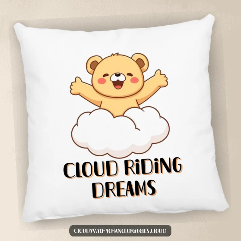 Funny bear cub joyfully riding a fluffy cloud with arms outstretched, a soft and humorous accent pillow for adding cheer and comfort.