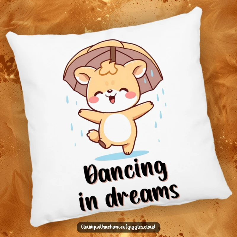 Funny Pillow featuring a happy animal character joyfully dancing in a gentle rain shower. Soft, cozy, and humorous decor.