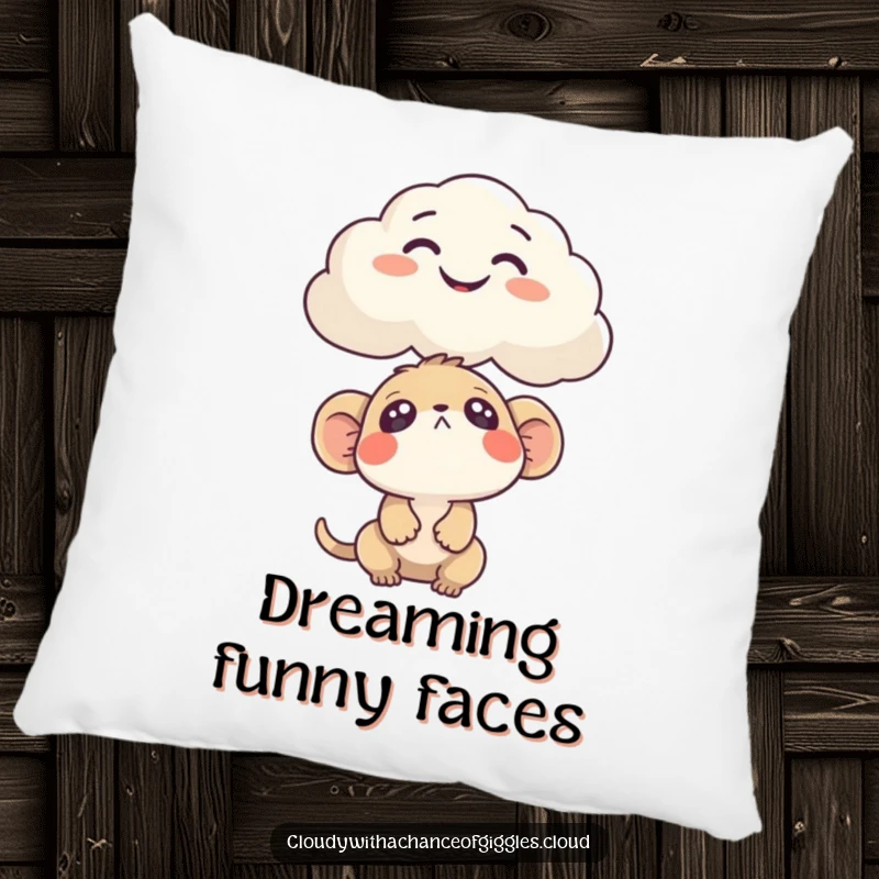 Funny Pillow featuring a curious creature looking up at a cloud humorously shaped like a funny face. Soft and intriguing decor.