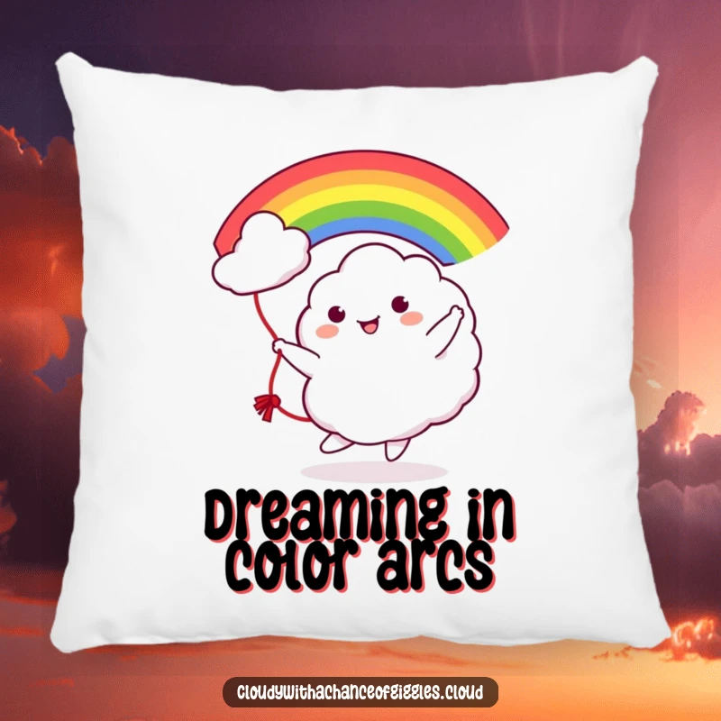 Funny Cloud Rainbow Jump Rope Pillow: A soft pillow showcasing a cute cloud character playfully tossing a bright rainbow like a jump rope.
