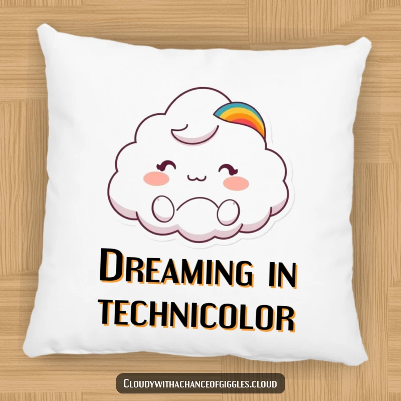 Funny pillow featuring a cute cloud animal character in a rainbow hat, waving hello to add cheerful decor.