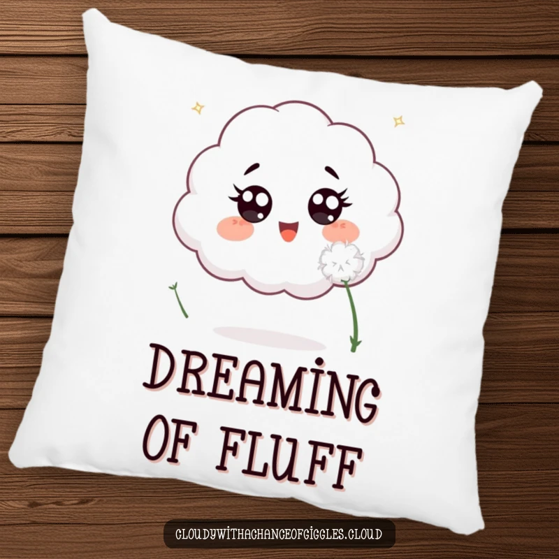 Funny pillow showcasing an excited cloud with wide, curious eyes, in mid-chase of a light white dandelion seed against a soft background.