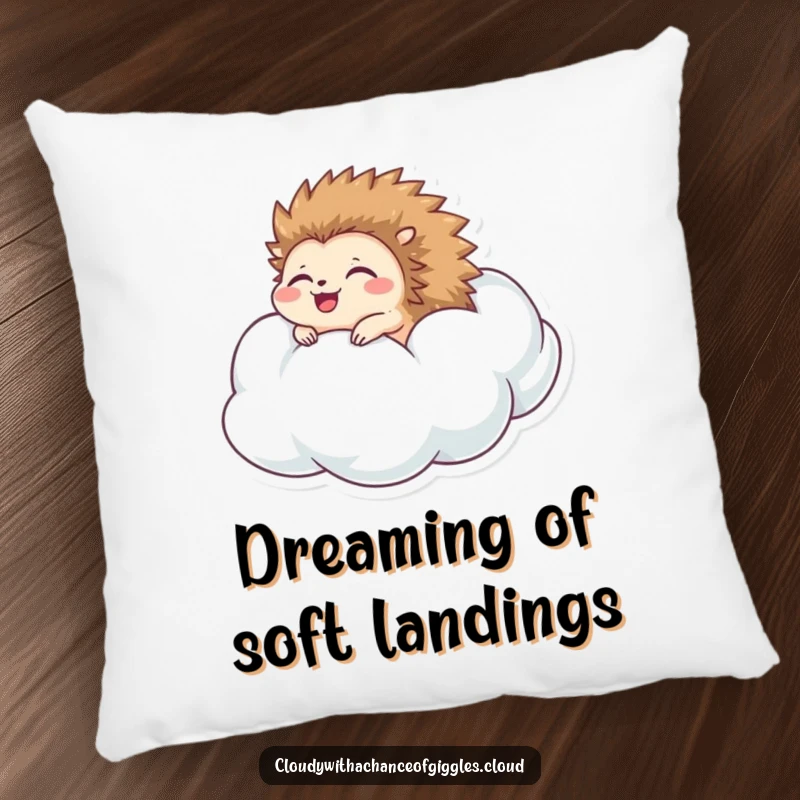 Funny hedgehog pillow featuring a happy hedgehog rolling down a fluffy cloud with eyes closed, offering comfort and charm.