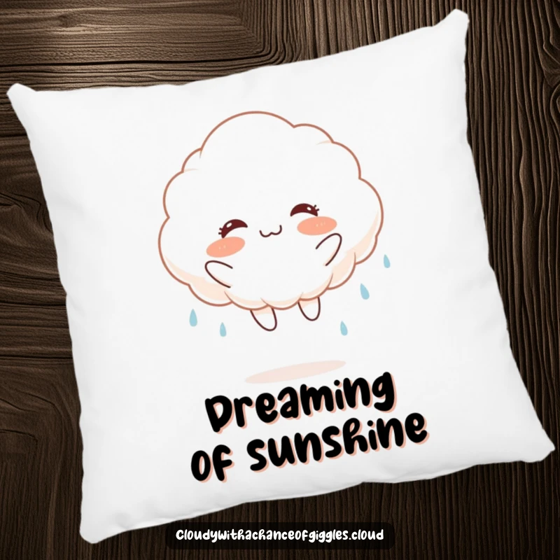 Funny fluffy white cloud with rosy cheeks, jumping joyfully and raining, on a pillow, for cozy and cheerful relaxation.