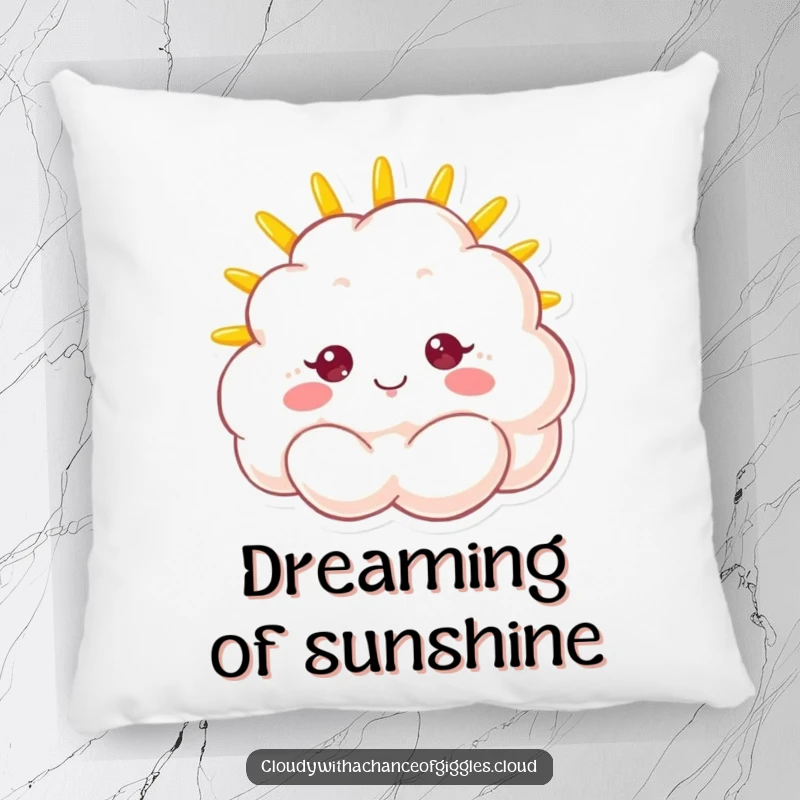 Funny pillow featuring a fluffy cloud with a bright sunshine face, bringing cozy cheer and a beaming smile to any room.