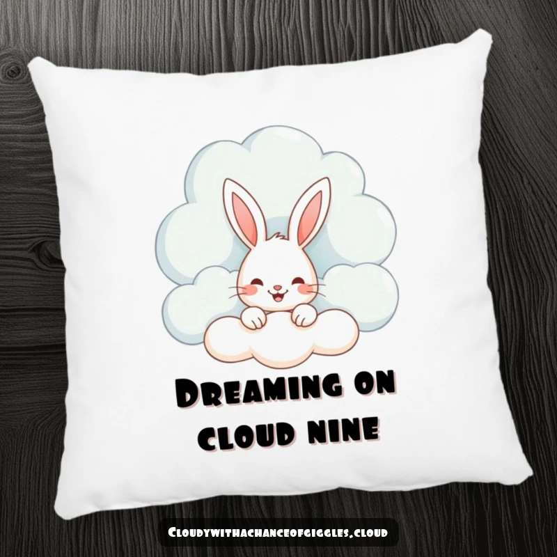 Funny pillow featuring a happy bunny peeking from behind a large, soft, whimsical cloud, perfect for adding comfort and charm.