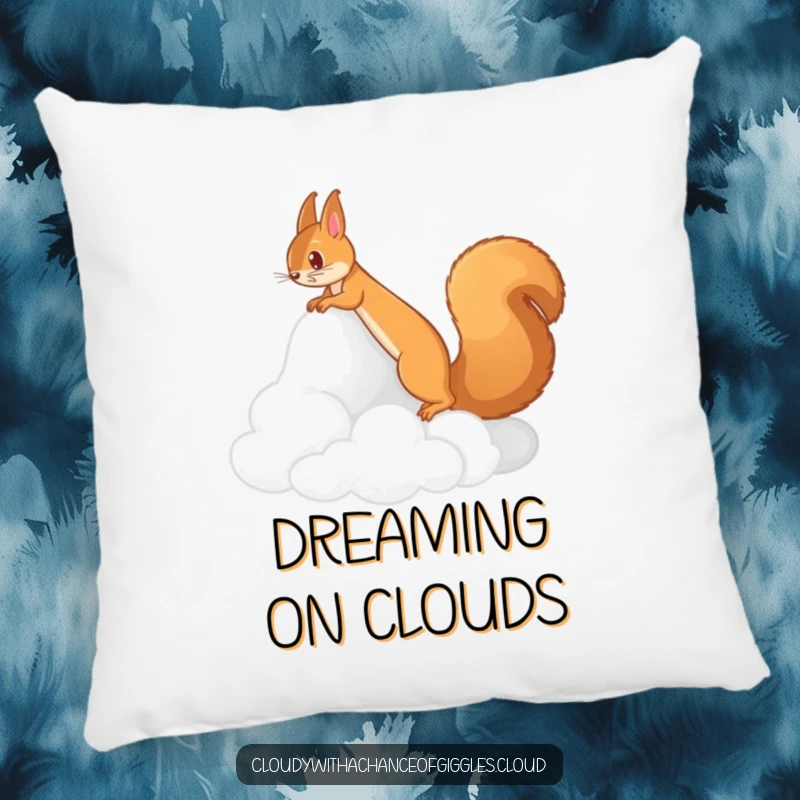Funny pillow with a squirrel climbing a cloud mountain, embodying cozy whimsy. A fun funny gift.