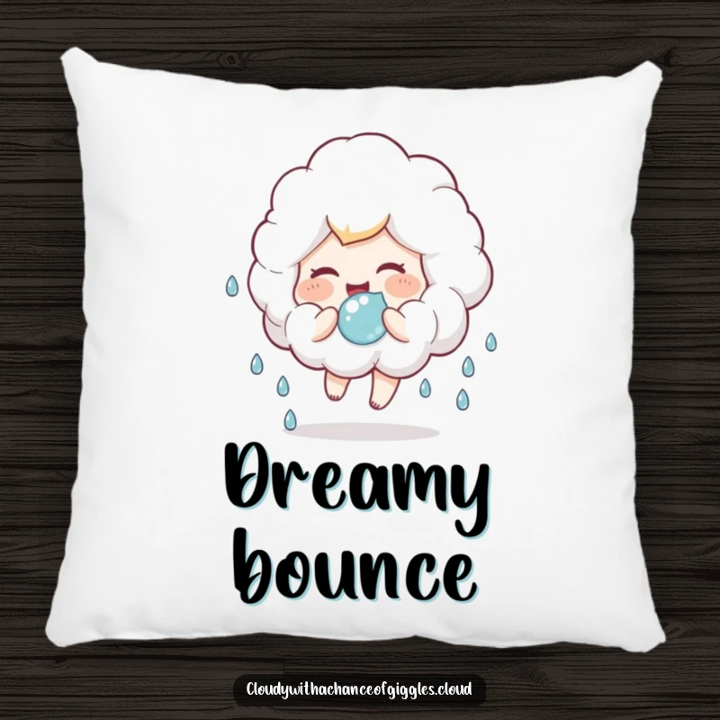 Funny pillow with a fluffy cloud child giggling and bouncing a raindrop, designed for comfort and whimsical delight.