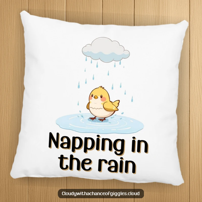 Funny bird pillow, a cute bird in a puddle with a friendly rain cloud, soft and humorous decorative accent.