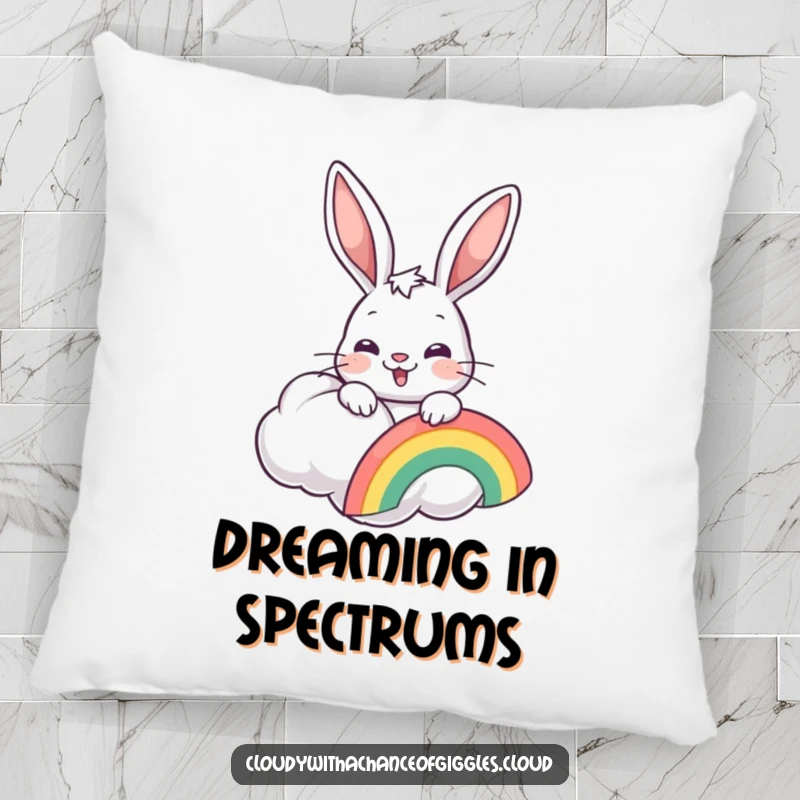 Funny cheerful bunny with a rainbow, peeking from a cloud, on a soft decorative pillow.