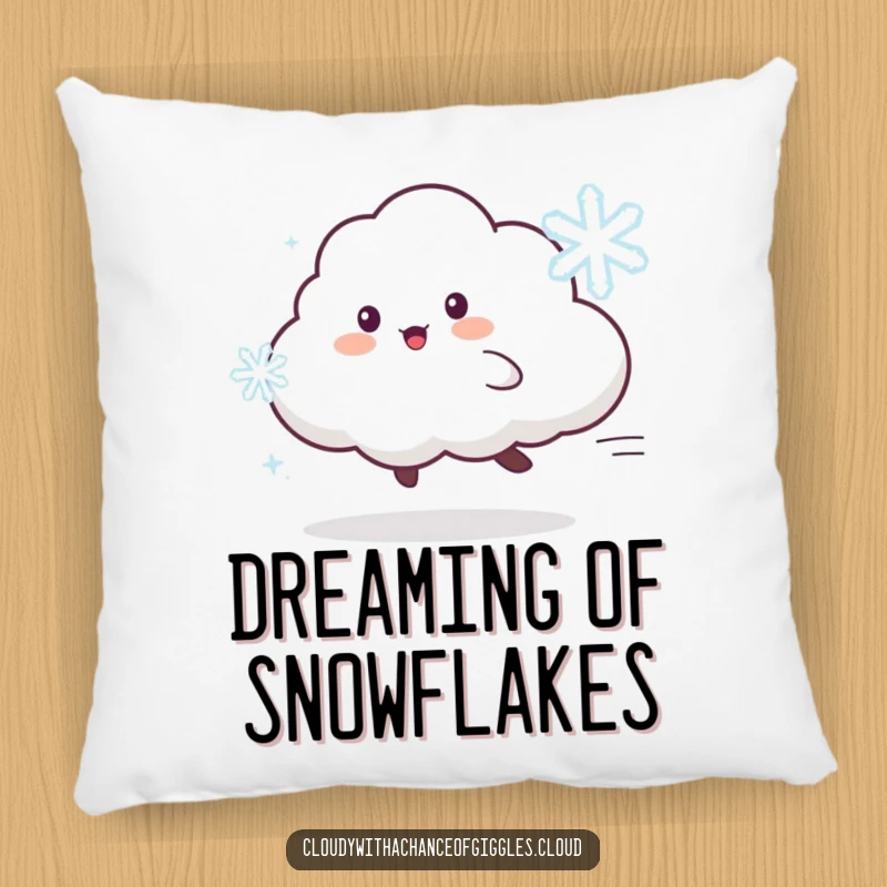Funny pillow featuring a playful cloud animal character chasing a dancing snowflake, adding cozy winter decor.