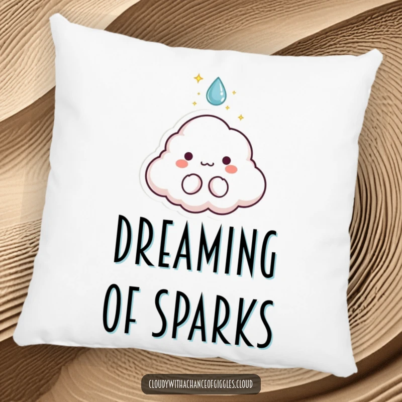 Funny pillow featuring a tiny cloud animal character with sparkles bursting from a raindrop, offering soft magic.