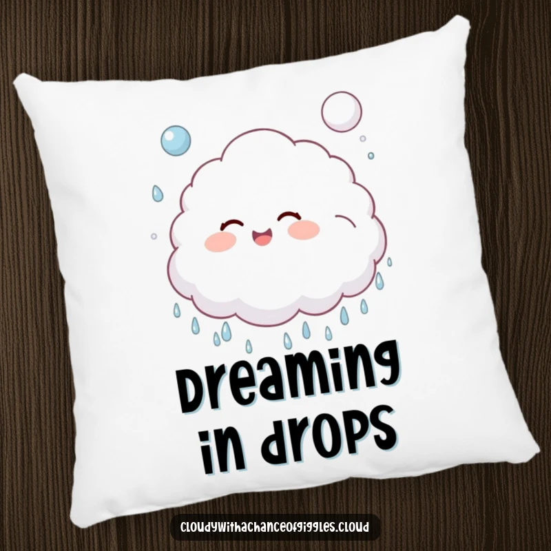 Funny, fluffy cloud child giggling and bouncing a soft, puffy raindrop like a ball on a decorative pillow.