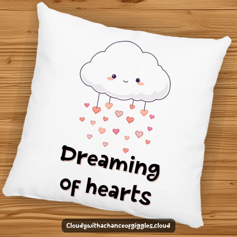 Funny pillow with a fluffy white cloud raining hearts, offering comfort and a dose of love, a perfect funny gift.