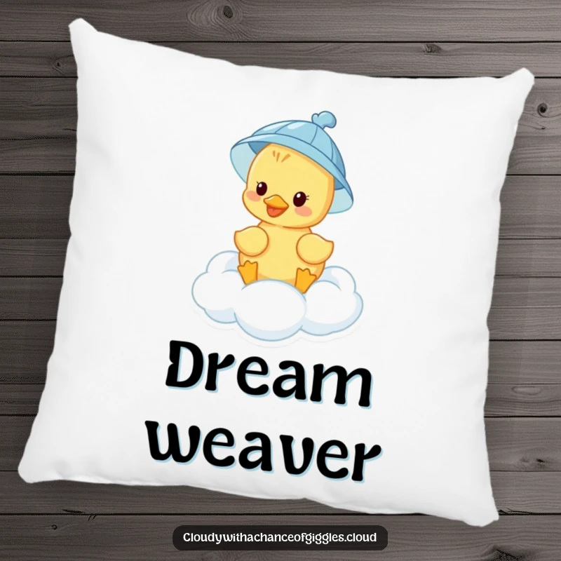 Funny happy duckling wearing a rain hat rests on a fluffy cloud, making this pillow a cozy, amusing accent.