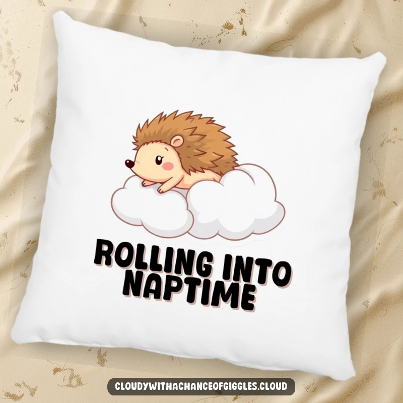 Funny pillow featuring a happy hedgehog rolling down a soft, puffy cloud, bringing comfort and a touch of playful joy.