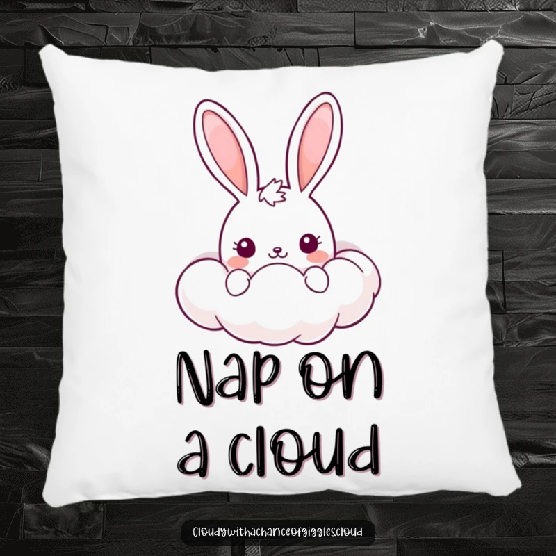 Funny Kawaii Bunny Pillow: A soft, cuddly pillow with a smiling cloud and a peeking bunny, perfect for a humorous, cute accent.