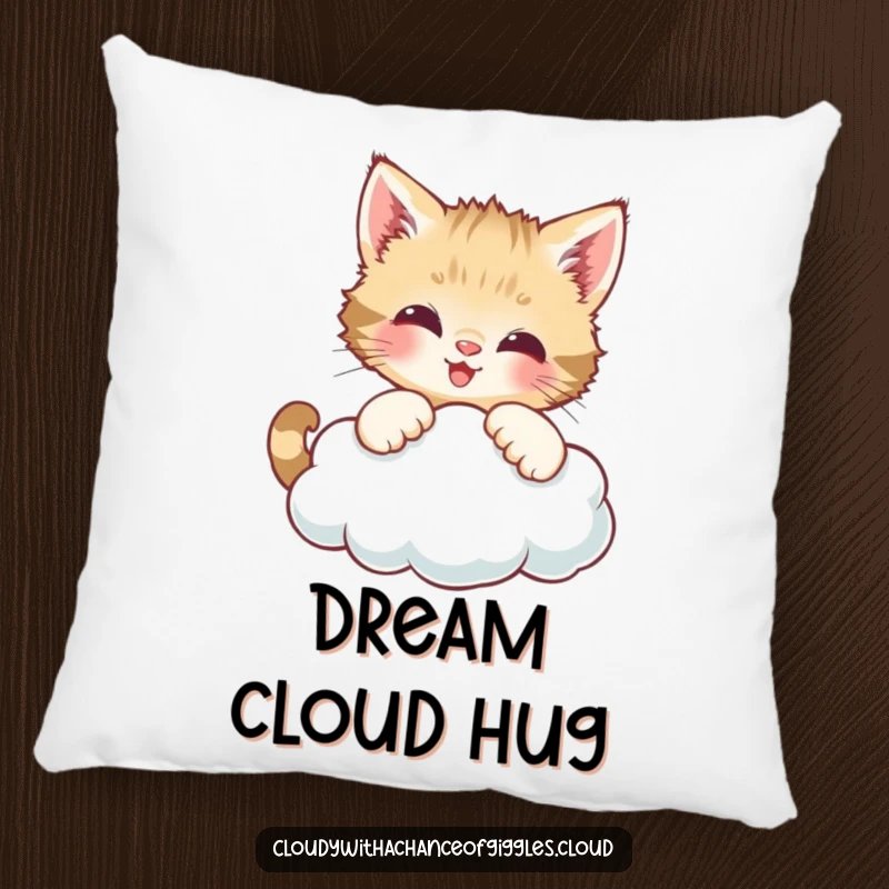 Funny decorative pillow featuring a curious kitten batting at a smiling cloud, bringing soft comfort and playful feline charm.