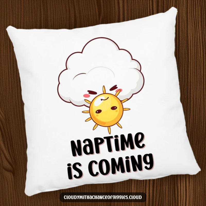 Funny pillow showing a mischievous cloud with a sly grin peeking from behind a tiny sun, offering comfort and a humorous touch to any room.